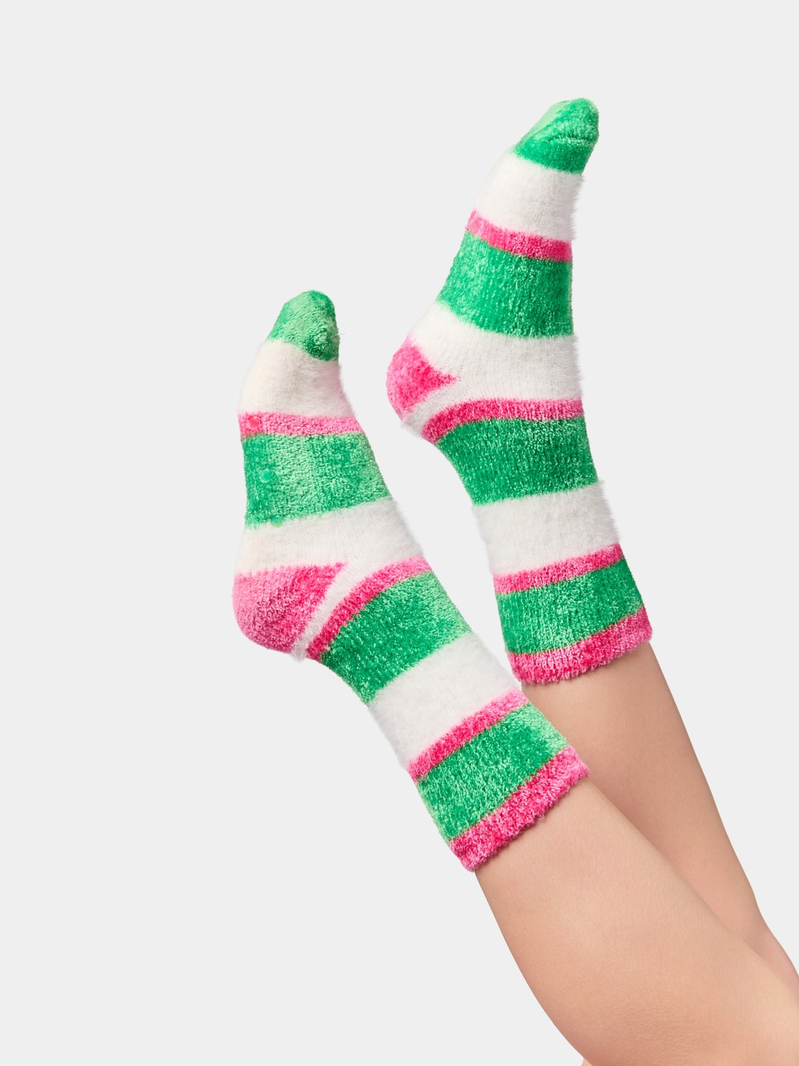 Fuzzy Stripe Socks in cozy green, white, and pink striped blend from SHIRALEAH at HCO FBG