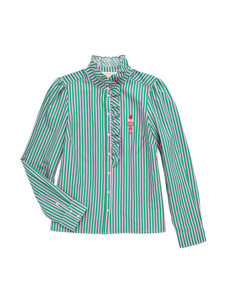Nutcracker Ruffle Blouse with green and blue stripes and ruffle detail, featured at HCO FBG