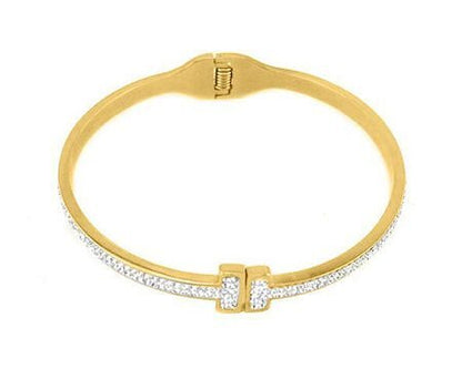Gold steel pave T-bangle with clasp spring back and pavé-set lower band