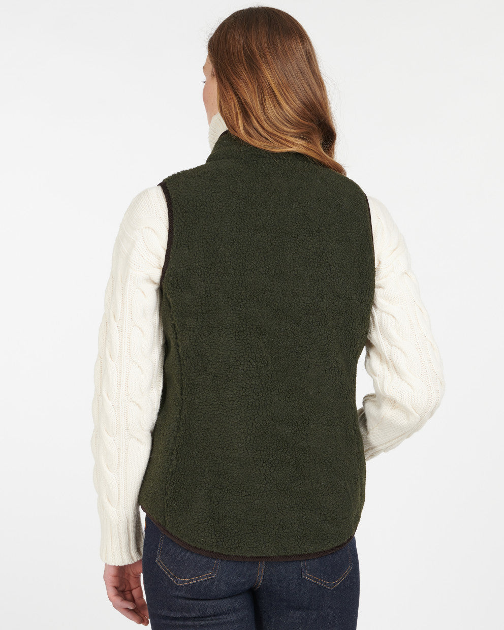 Burford Fleece vest in dark green sherpa with brown trim, cozy layering for women’s outdoor style