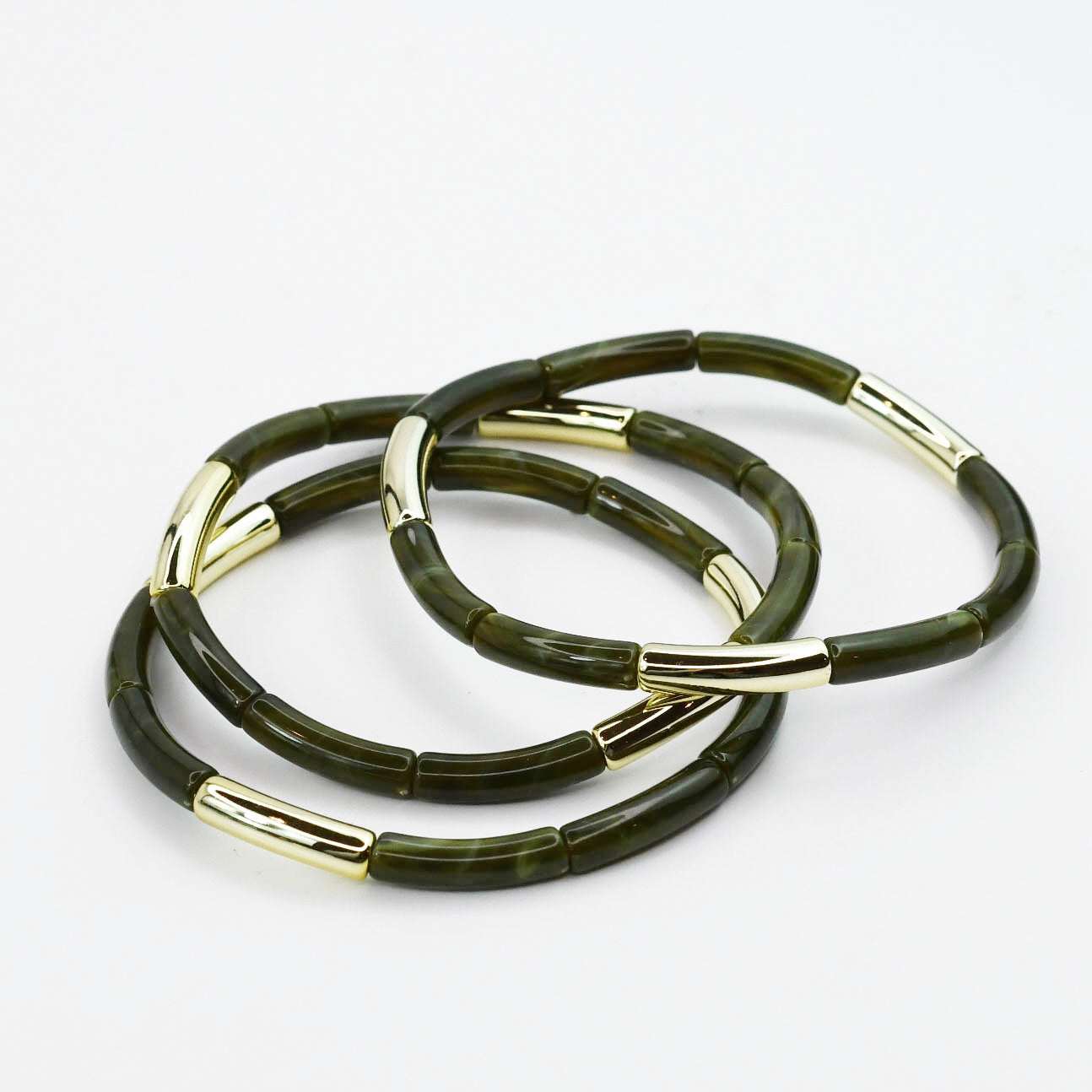 Dainty Glam Stretch Bracelet Set - Olive glossy marbled resin with polished gold accents by TREASURE JEWELS