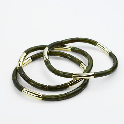 Dainty Glam Stretch Bracelet Set - Olive glossy marbled resin with polished gold accents by TREASURE JEWELS