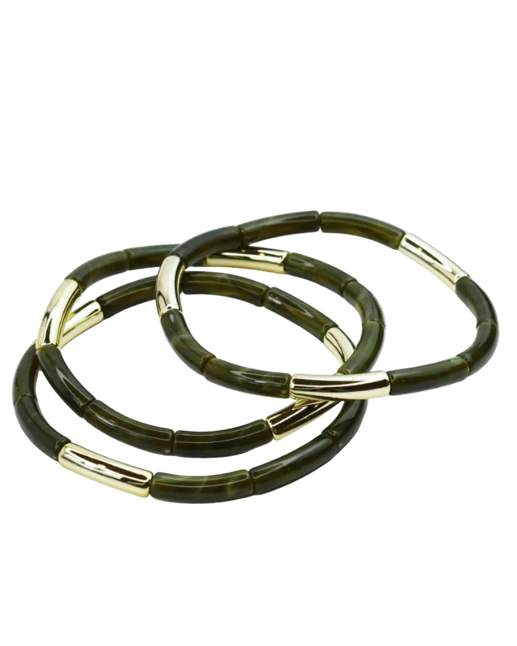 Dainty Glam Stretch Bracelet Set - Olive with glossy marbled resin and polished gold accents