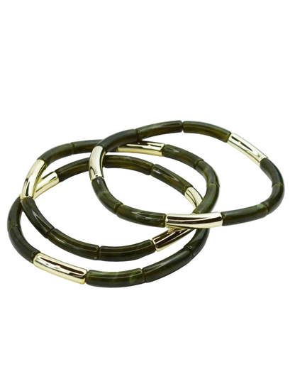 Dainty Glam Stretch Bracelet Set - Olive with glossy marbled resin and polished gold accents