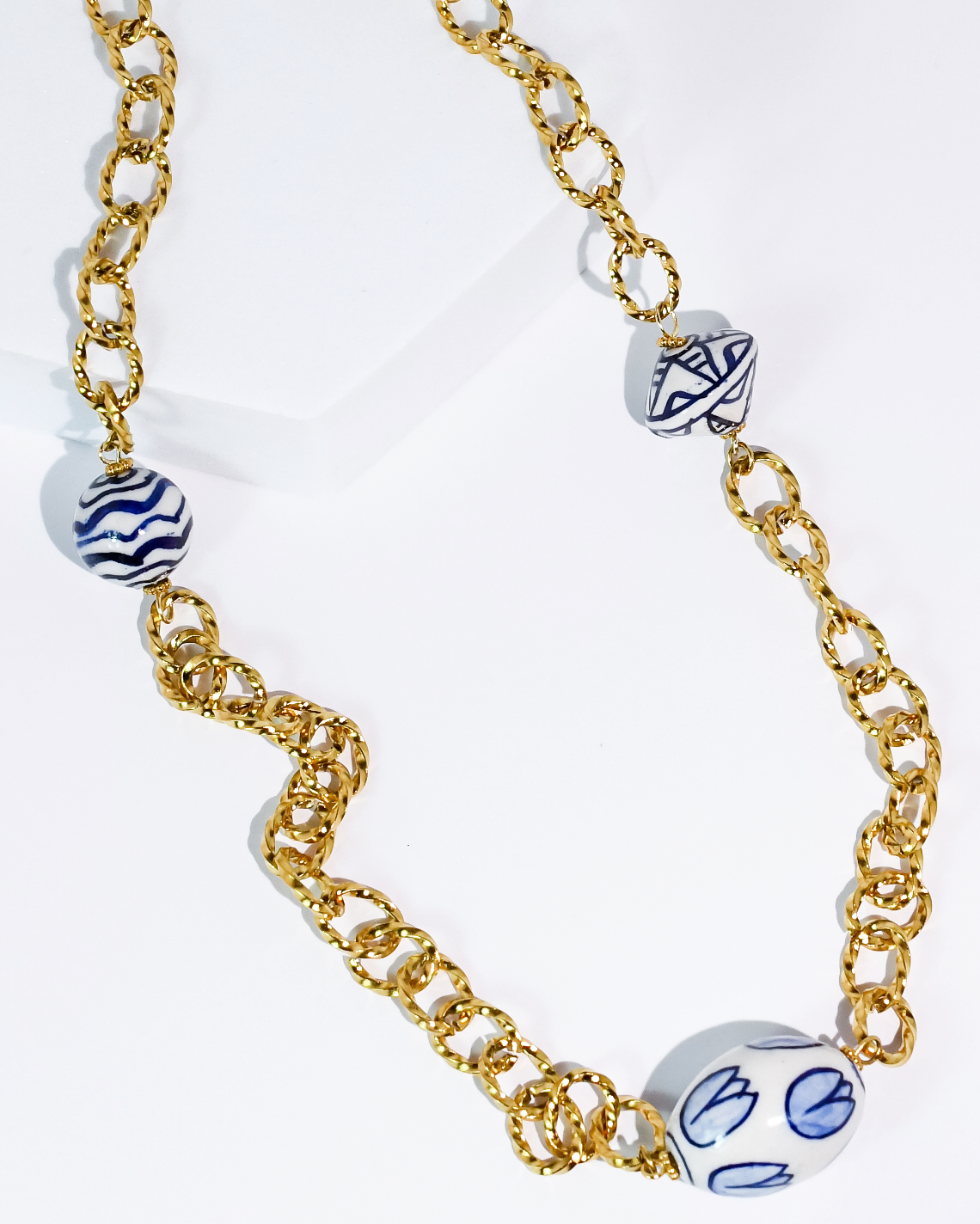 Chinoiserie Chic Necklace with hand-painted blue and white ceramic beads on gold chain, Treasure Jewels