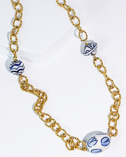 Chinoiserie Chic Necklace with hand-painted blue and white ceramic beads on gold chain, Treasure Jewels