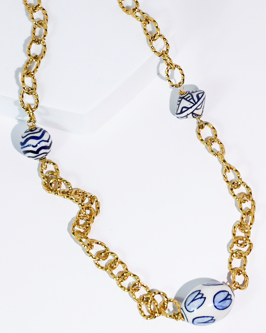 Chinoiserie Chic Necklace with hand-painted blue and white ceramic beads on gold chain, Treasure Jewels