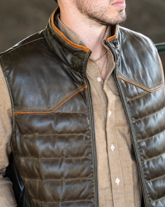 Maverick Leather Vest in brown lambskin with quilted puffer design and contrast piping