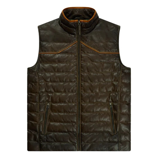 Maverick Leather Vest in brown lambskin with contrast piping, men's vests by TEXAS STANDARD
