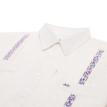 Guayabera Libre - Bandera white geometric men's shirt with moisture wicking and UV protection