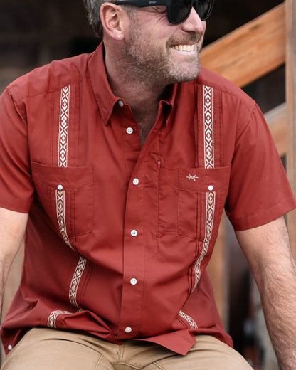 Guayabera Libre - Caprock Red short sleeve men's shirt with geometric trim by TEXAS STANDARD