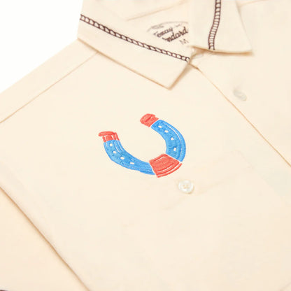 Drifter Shirt - Luck Is Earned beige short sleeve with blue and red horseshoe by TEXAS STANDARD