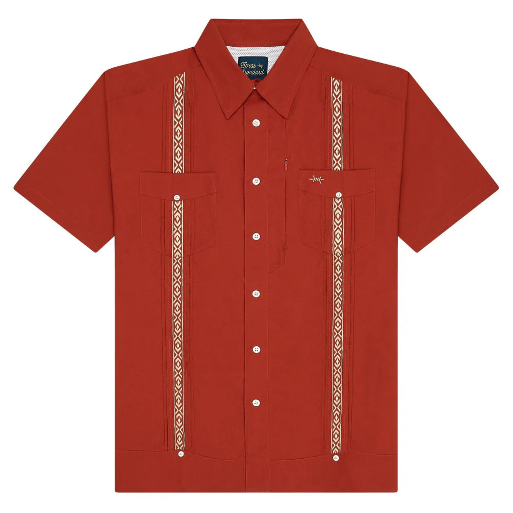 Guayabera Libre - Caprock Red short sleeve shirt with geometric trim by TEXAS STANDARD