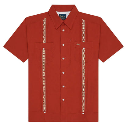 Guayabera Libre - Caprock Red short sleeve shirt with geometric trim by TEXAS STANDARD