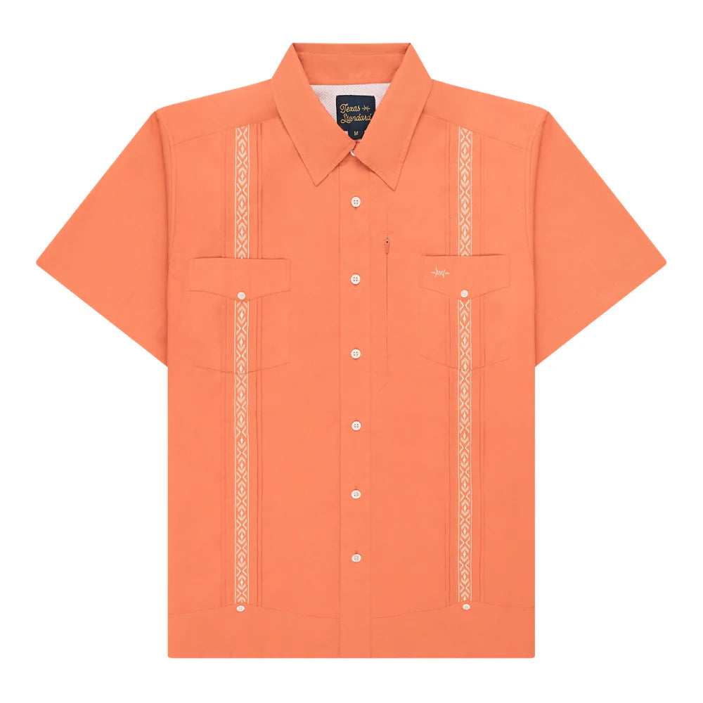 Guayabera Libre - Lagonsta Red men's shirt with orange geometric trim, moisture-wicking by TEXAS STANDARD