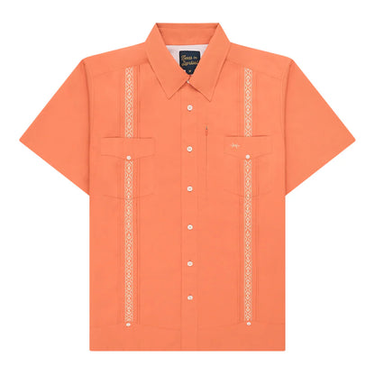 Guayabera Libre - Lagonsta Red men's shirt with orange geometric trim, moisture-wicking by TEXAS STANDARD