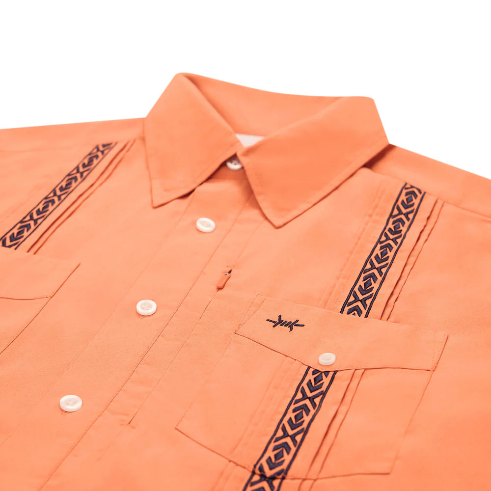 Guayabera Libre - Bahia Red short sleeve with orange geometric pattern and moisture wicking by TEXAS STANDARD