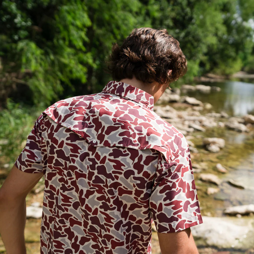 Guayabera Libre - Maroon Camo men's short sleeve shirt with moisture wicking by TEXAS STANDARD