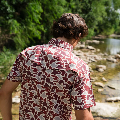 Guayabera Libre - Maroon Camo men's short sleeve shirt with moisture wicking by TEXAS STANDARD