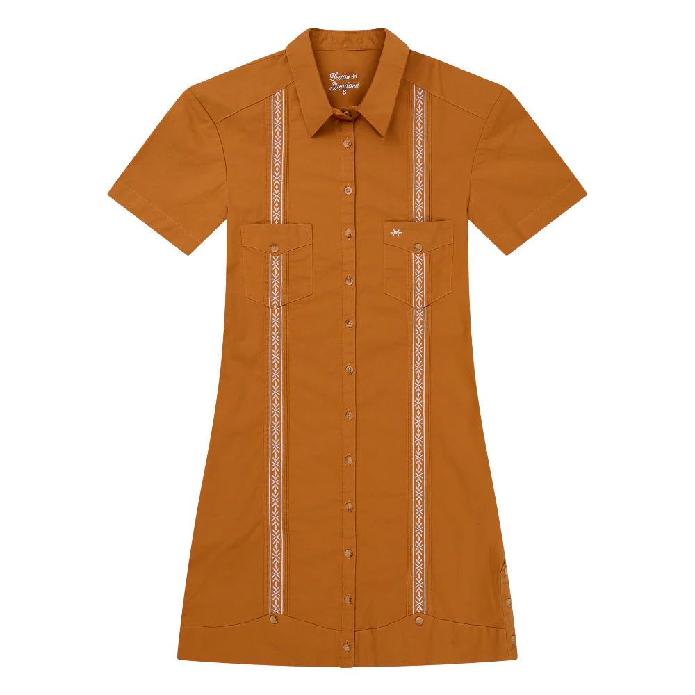 Tejas Guayabera Dress - Burnt Orange with embroidered vertical stripes, stretch cotton by TEXAS STANDARD