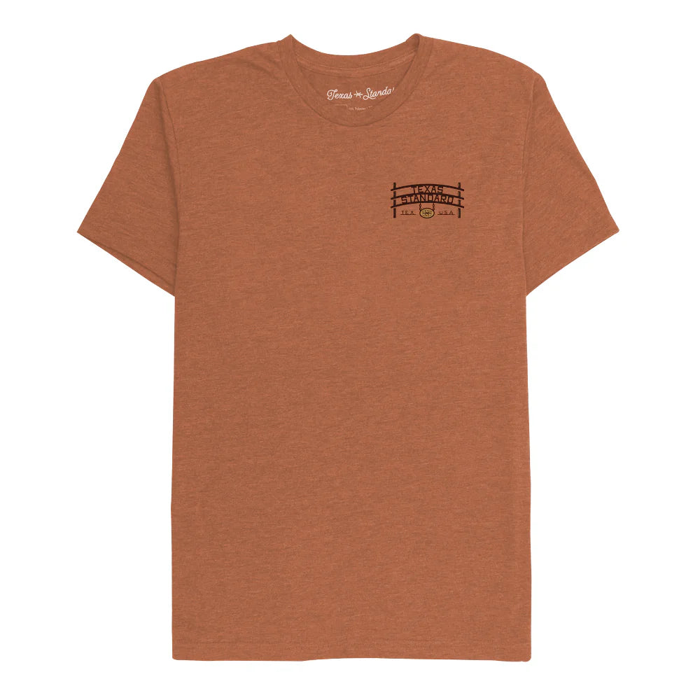 Heritage Printed Tee - Homestead in brown with vintage Texas fence art by TEXAS STANDARD