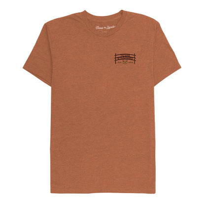 Heritage Printed Tee - Homestead in brown with vintage Texas fence art by TEXAS STANDARD