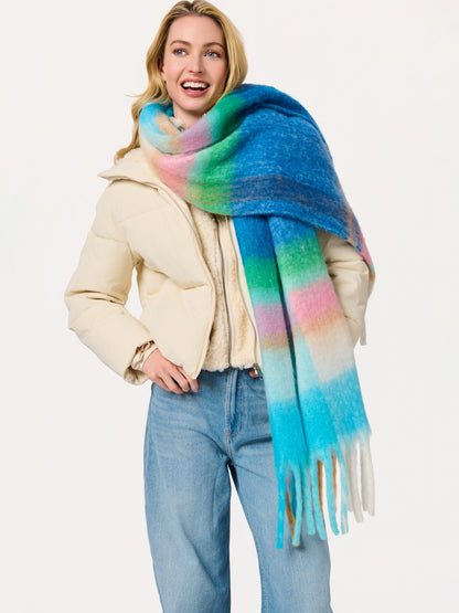 Lola Scarf with vibrant tie-dye shades of blue, green, and pink with fringe, SHIRALEAH at HCO