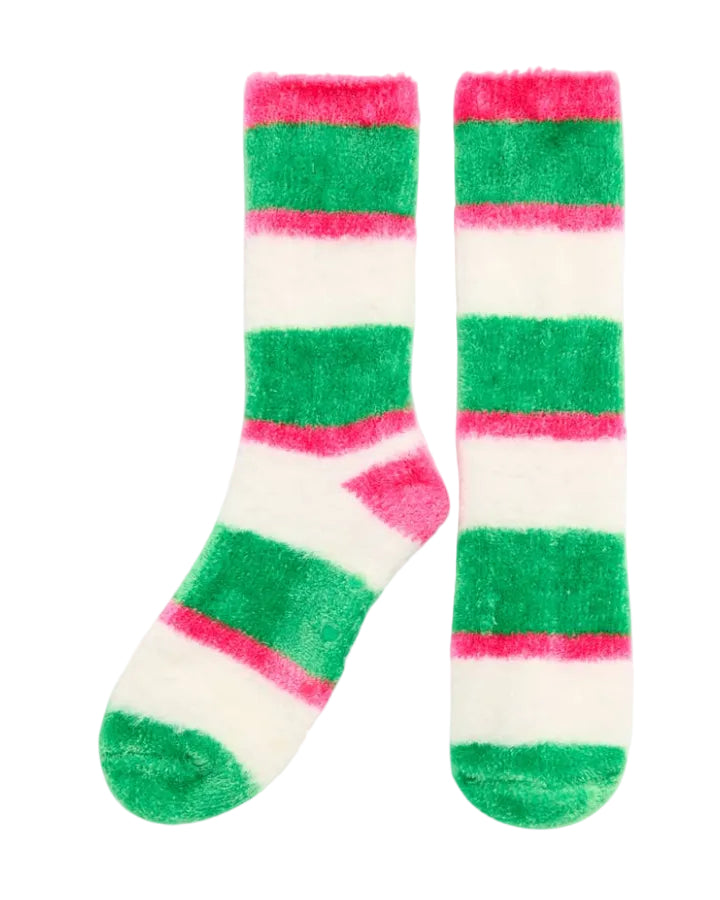 Fuzzy Stripe Socks with pink, green, and white stripes, cozy and gripped for HCO Women's Arrivals