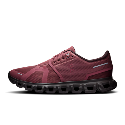 Burgundy athletic running shoe with a black sole and gray reflective accents