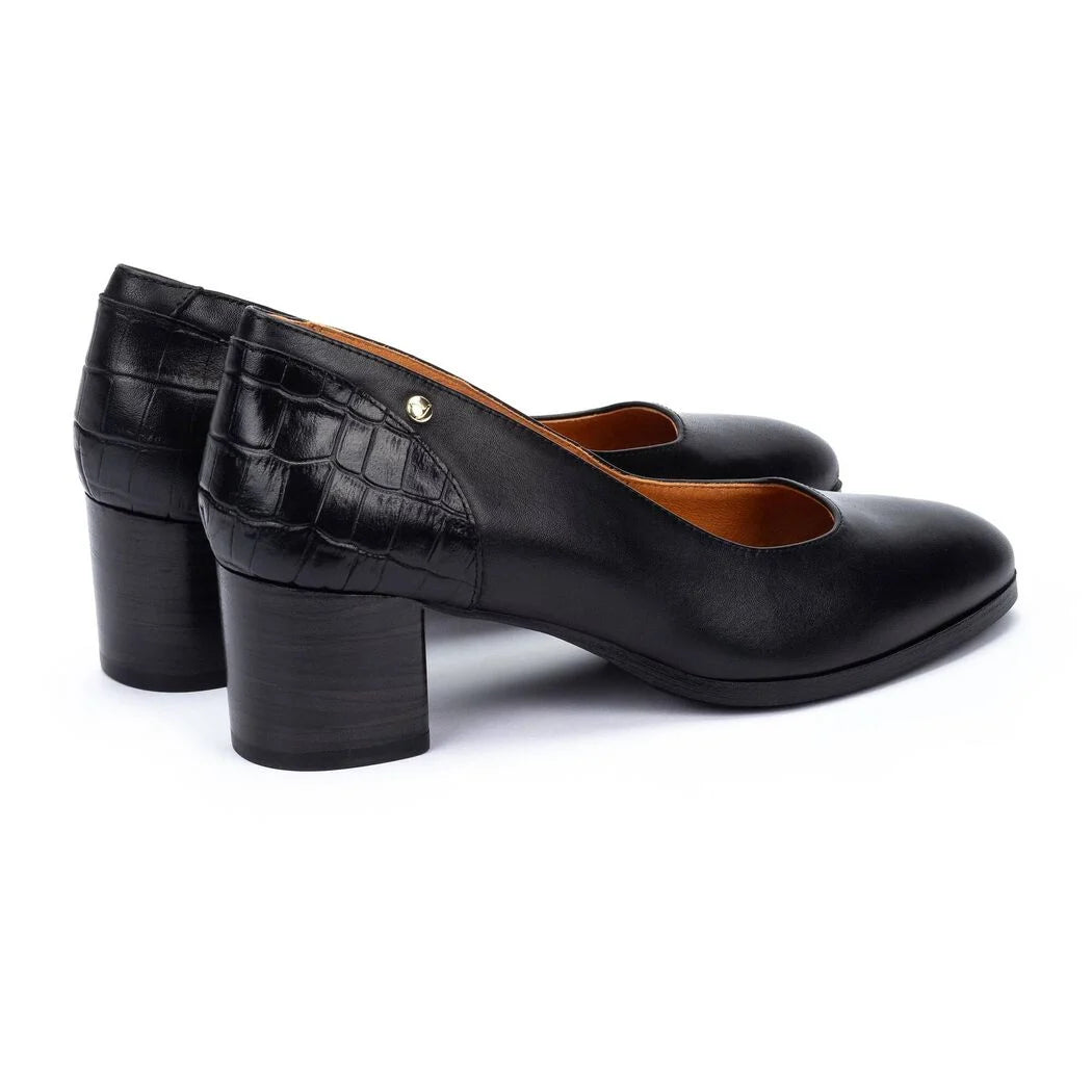 Calafat W1Z-5920C1 black leather heels with embossed detail and block heel, PIKOLINOS Women's Shoes HCO