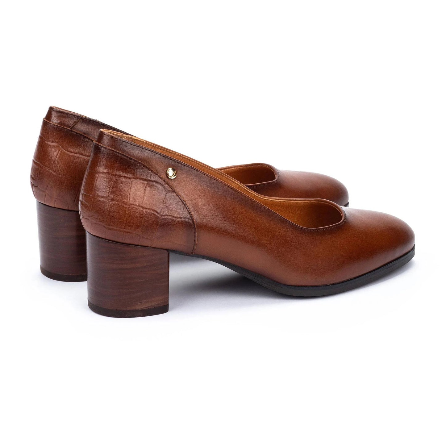 Calafat W1Z-5920C1 brown leather heels with embossed detail and block heel, PIKOLINOS Women's Shoes HCO