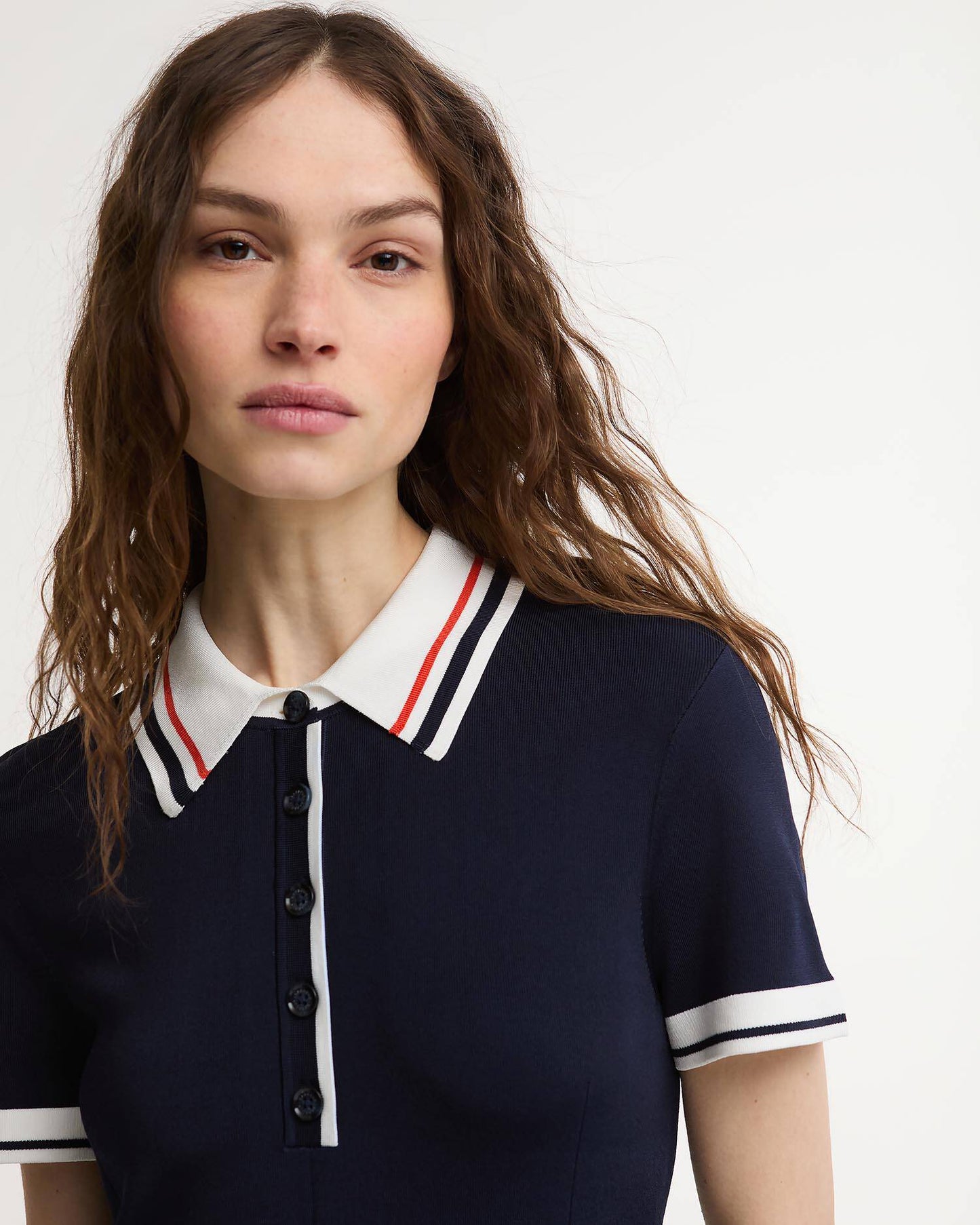 Hollington Knitted Mini Dress in navy with white and red striped collar by BARBOUR INC.