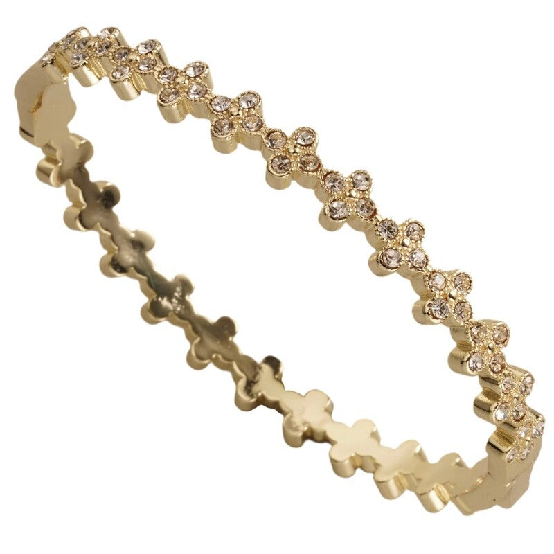 Gold CZ flower bangle, gold-tone cuff with oval crystal centers in a row