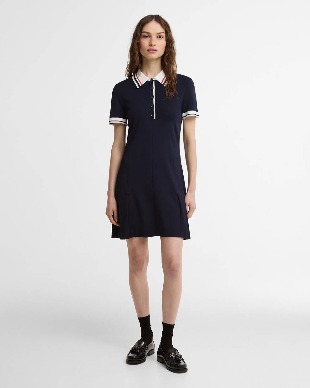 Hollington Knitted Mini Dress in navy with white collar and striped trim by BARBOUR INC.