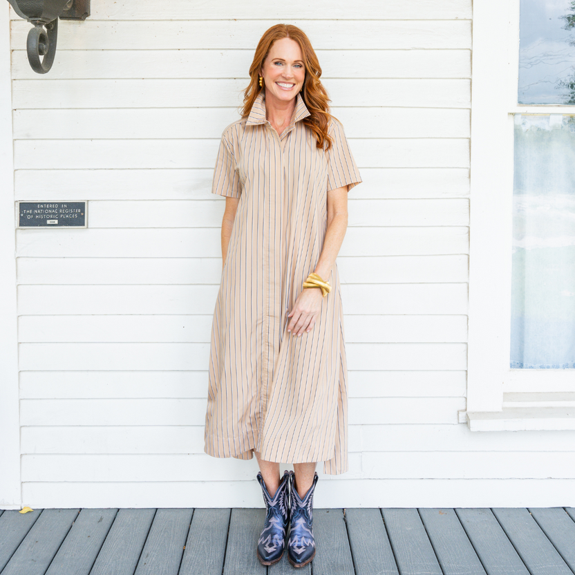 Millie Dress Long Khaki Stripe