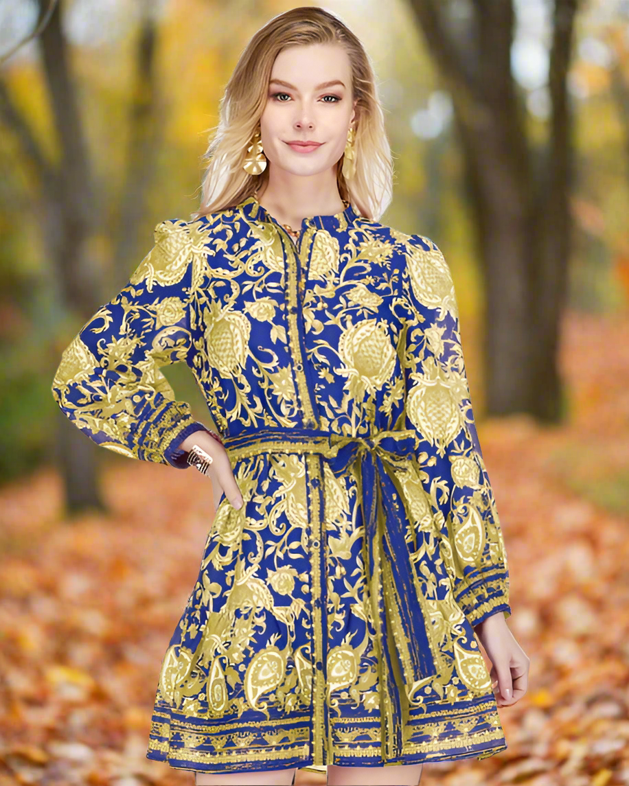 Button Front Flutter Hem Dress - Purple/Gold Vines