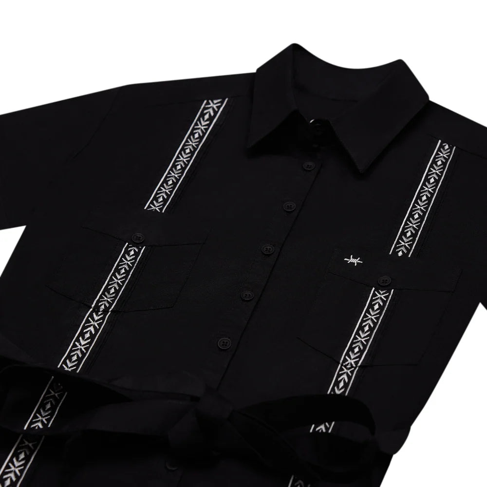Tejas Guayabera Dress - Diablo Plata black stretch cotton with embroidered trim by TEXAS STANDARD