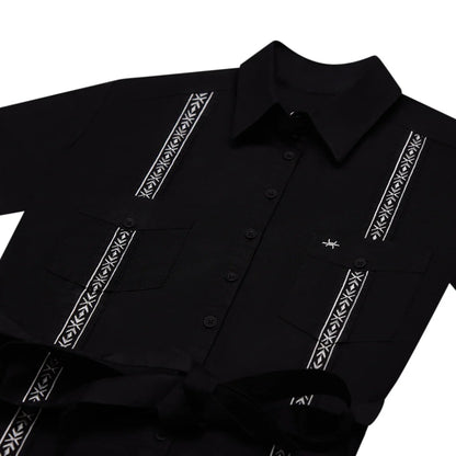 Tejas Guayabera Dress - Diablo Plata black stretch cotton with embroidered trim by TEXAS STANDARD