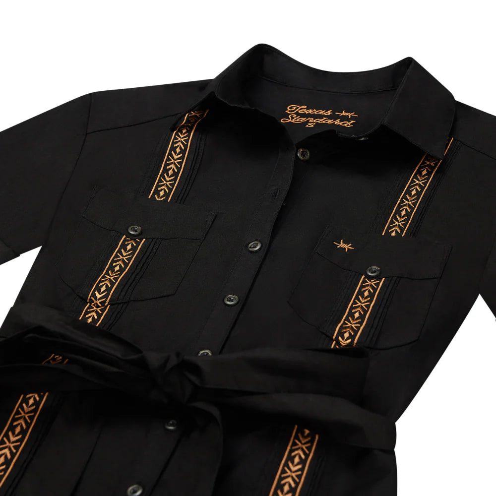Tejas Guayabera Dress - Diablo Oro in black stretch cotton with detailed embroidered trim by TEXAS STANDARD