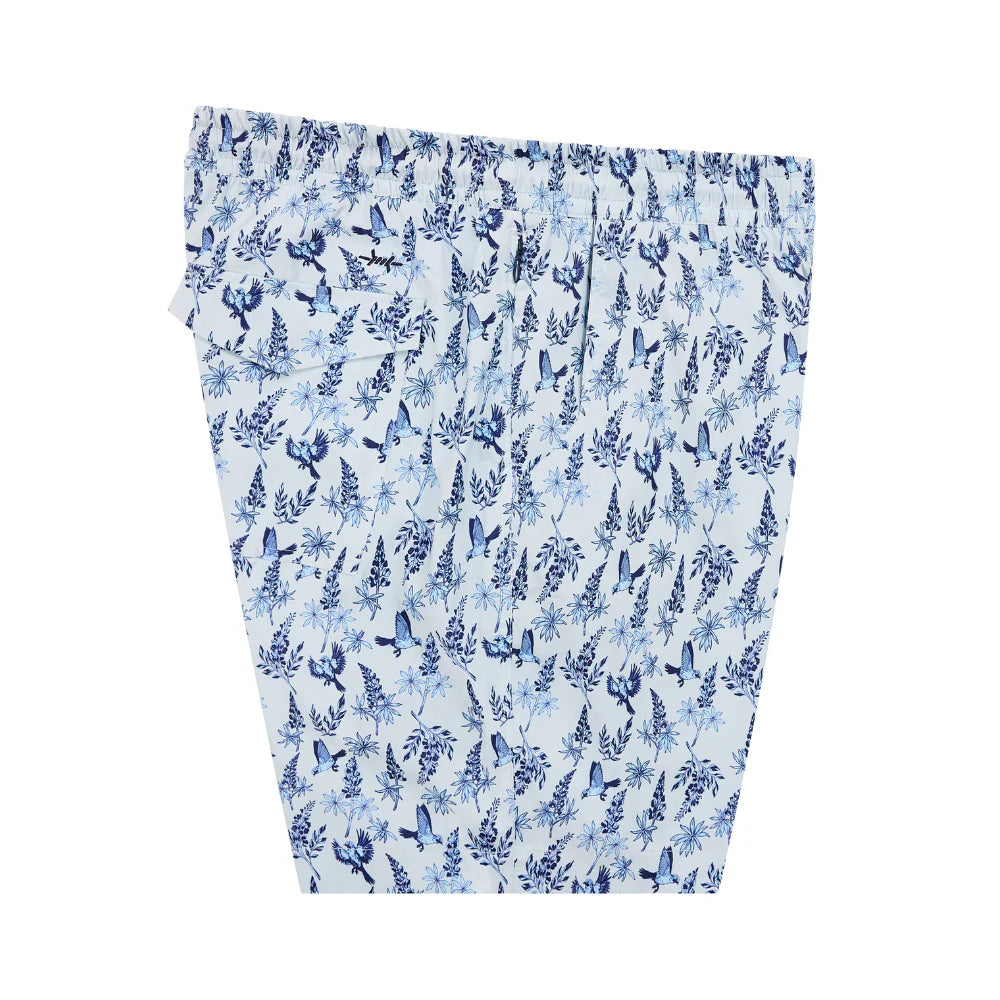 Waterloo Swim Shorts - Bluebonnet 7 with white floral and bird print, quick-dry by TEXAS STANDARD