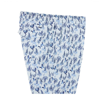Waterloo Swim Shorts - Bluebonnet 7 with white floral and bird print, quick-dry by TEXAS STANDARD
