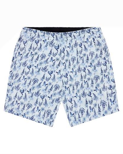 Waterloo Swim Shorts - Bluebonnet 7" in white with blue floral print by TEXAS STANDARD