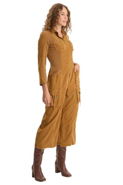 Kaisa Jumpsuit in brown corduroy with stretch panels, utility pockets, and raw-edge details by XCVI
