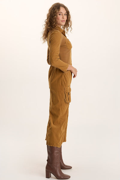 Kaisa Jumpsuit in brown with raw-edge details, stretch panels, and utility pockets by XCVI
