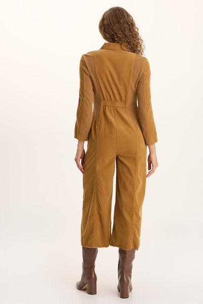 Kaisa Jumpsuit in golden brown corduroy with stretch panels and vintage brass hardware by XCVI