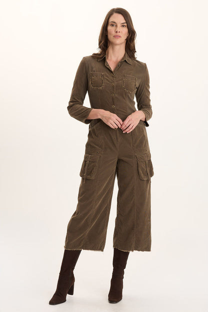 Kaisa Jumpsuit in brown corduroy with raw-edge details, stretch panels, and utility pockets by XCVI
