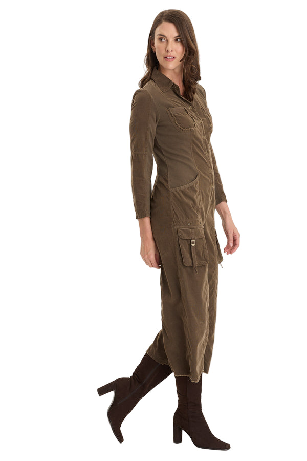 Kaisa Jumpsuit in brown corduroy with utility pockets and stretch panels by XCVI from HCO collection