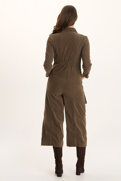 Kaisa Jumpsuit in brown corduroy with utility pockets and stretch panels by XCVI from HCO collection