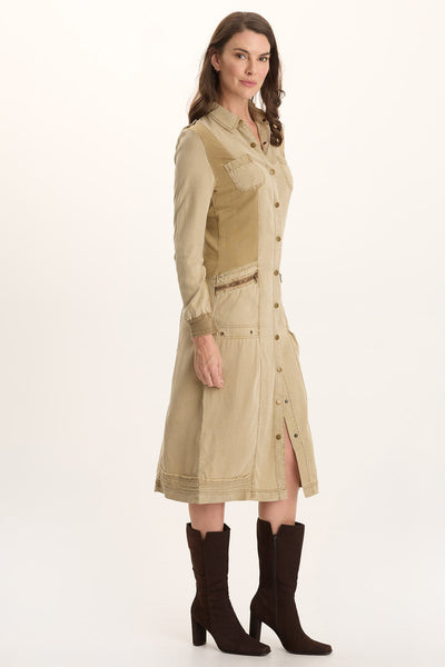Oksana Dress in beige soft twill with button front, patch pockets, and contrast panels by XCVI