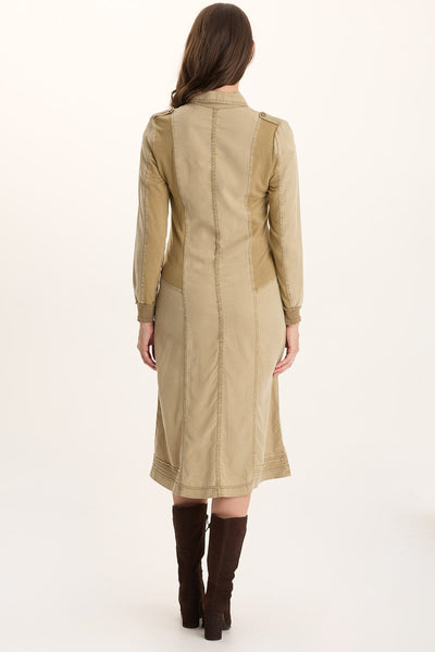 Oksana Dress in beige soft twill with back panel inserts, long sleeves, and calf-length hem by XCVI